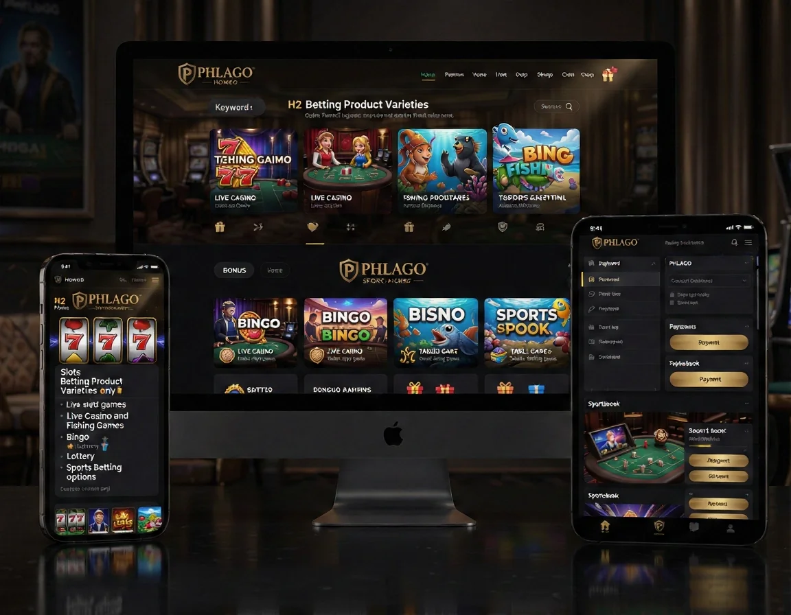 PHLAGO Page: Home. Keyword: Home. H2: Betting Product Varieties. Paragraph: The PHLAGO homepage should summarize the main entertainment areas instead of focusing on one category only.. List items: Slots and table-style games, Live Casino and Fishing Games, Bingo, Lottery, and Sports Betting options. Visual direction: online gaming product varieties including slots, live casino, bingo, fishing games, table games and sportsbook areas.