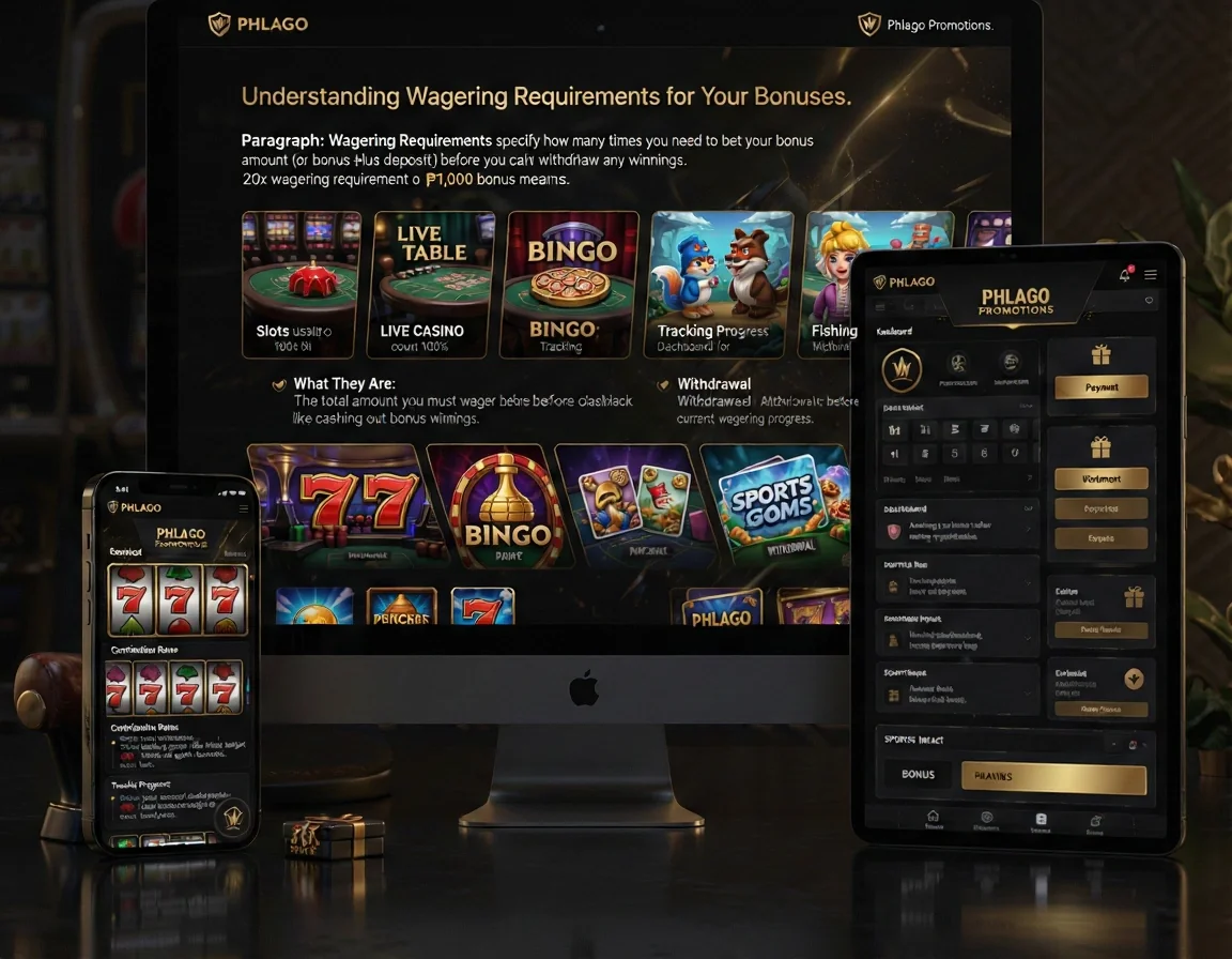 PHLAGO Page: Phlago Promotions. Keyword: Phlago Promotions. H2: Understanding Wagering Requirements for Your Bonuses. Paragraph: Wagering Requirements specify how many times you need to bet your bonus amount (or bonus plus deposit) before you can withdraw any winnings. For example, a 20x wagering requirement on a ₱1,000 bonus means. List items: What They Are: The total amount you must wager before cashing out bonus winnings., Contribution Rates: Slots usually count 100%, while table games like blackjack might count less., Tracking Progress: Check your account dashboard for your current wagering progress., Withdrawal Impact: Attempting to withdraw before meeting requirements often forfeits the bonus