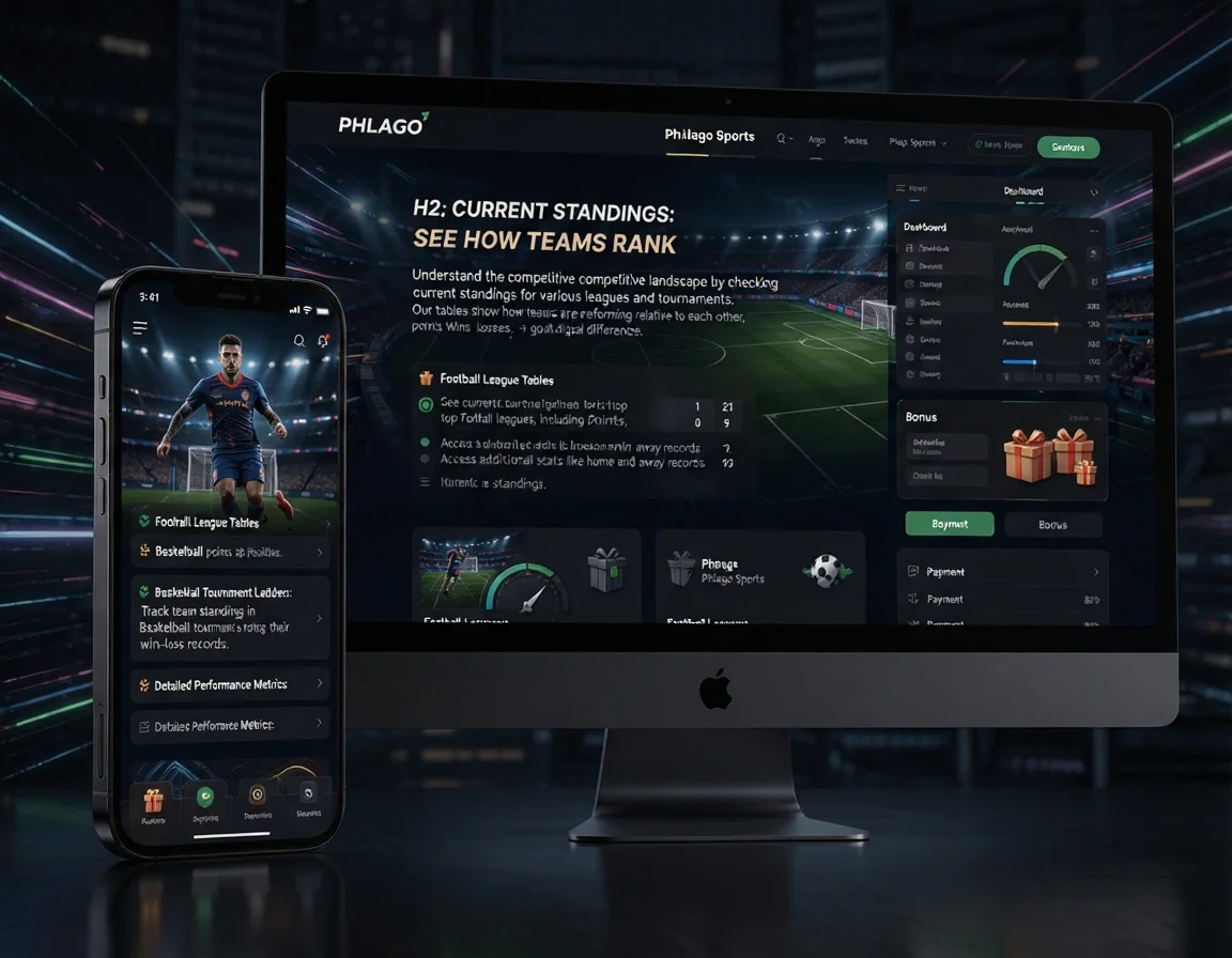 PHLAGO Page: Phlago Sports. Keyword: Phlago Sports. H2: Current Standings: See How Teams Rank. Paragraph: Understand the competitive landscape by checking the current standings for various leagues and tournaments. Our tables show how teams are performing relative to each other, including points, wins, losses, and goal differences. This information. List items: Football League Tables: See the current rankings for top Football leagues, including points and positions., Basketball Tournament Ladders: Track team standings in Basketball tournaments, noting their win-loss records., Detailed Performance Metrics: Access additional stats like home and away records influencing current standings.. Visual direc